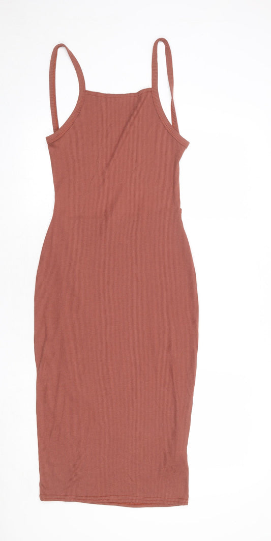 PRETTYLITTLETHING Womens Brown Polyester Tank Dress Size 10 Square Neck Pullover - Open Back