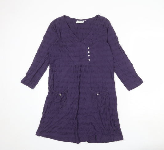 Tara Womens Purple 100% Cotton A-Line Size 10 V-Neck Button