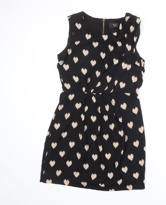 AX Paris Womens Black Geometric Polyester Tank Dress Size 10 Round Neck Zip - Heart Print
