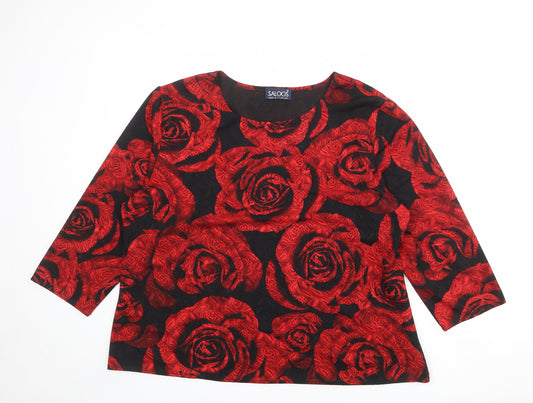Saloos Womens Black Floral Polyester Basic T-Shirt Size 22 Round Neck - Rose Print