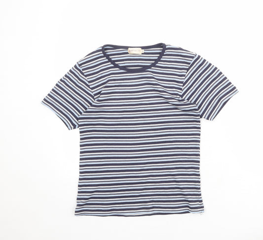 Bonmarché Womens Blue Striped Polyester Basic T-Shirt Size S Crew Neck