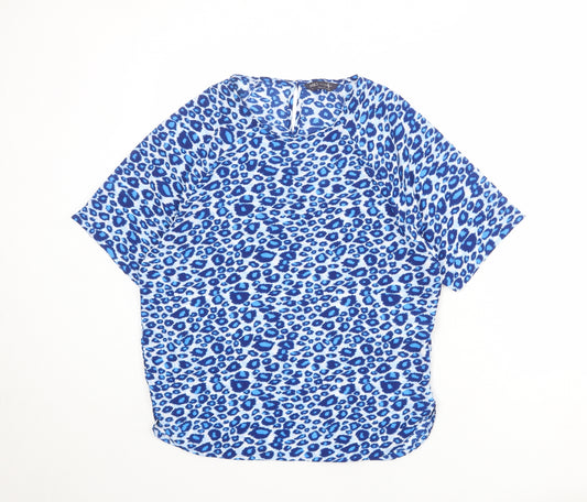Marks and Spencer Womens Blue Animal Print Polyester Basic Blouse Size 10 Round Neck - Leopard Print
