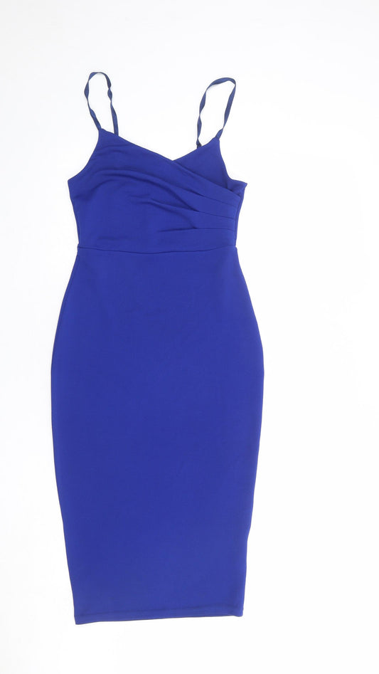 New Look Womens Blue Polyester Bodycon Size 6 V-Neck Pullover - Front Pleat Detail