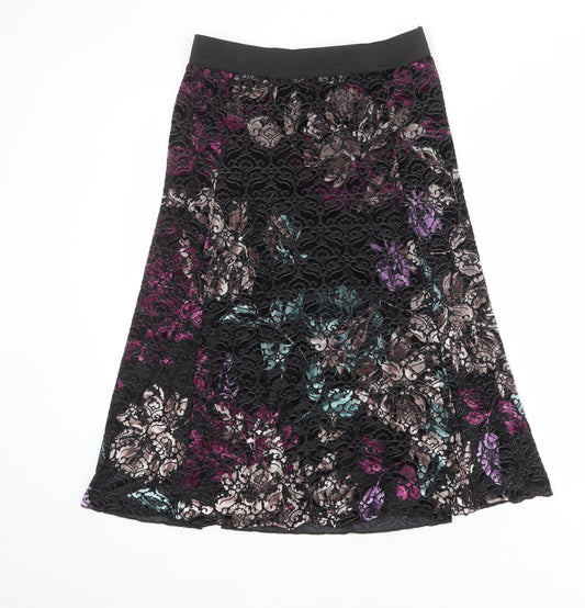 Classic Womens Black Floral Polyester Swing Skirt Size 8