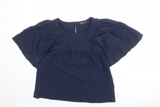 Marks and Spencer Womens Blue 100% Cotton Basic Blouse Size 6 Boat Neck - Voluminous Sleeves