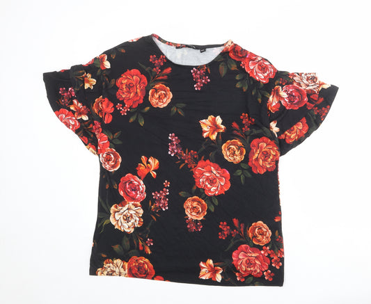 Dorothy Perkins Womens Black Floral Viscose Basic T-Shirt Size 14 Crew Neck - Flared Sleeve