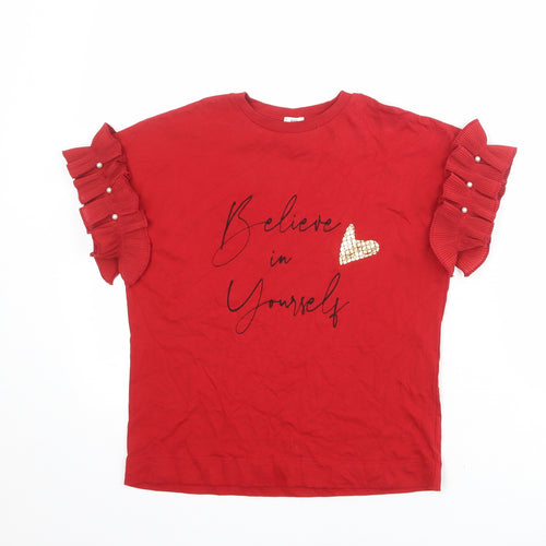 River Island Girls Red Cotton Basic T-Shirt Size 9-10 Years Round Neck Pullover - Believe in Yourself