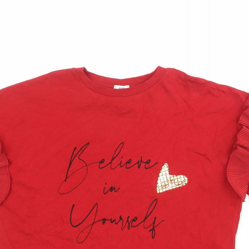River Island Girls Red Cotton Basic T-Shirt Size 9-10 Years Round Neck Pullover - Believe in Yourself