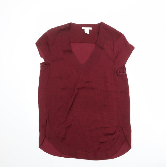 H&M Womens Red Polyester Basic Blouse Size 10 V-Neck