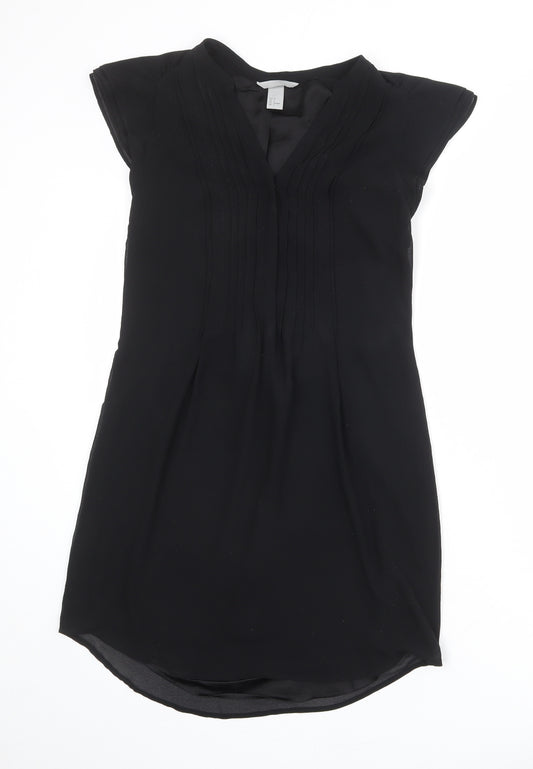 H&M Womens Black Polyester Shift Size 10 V-Neck Button - Ruffle Sleeve