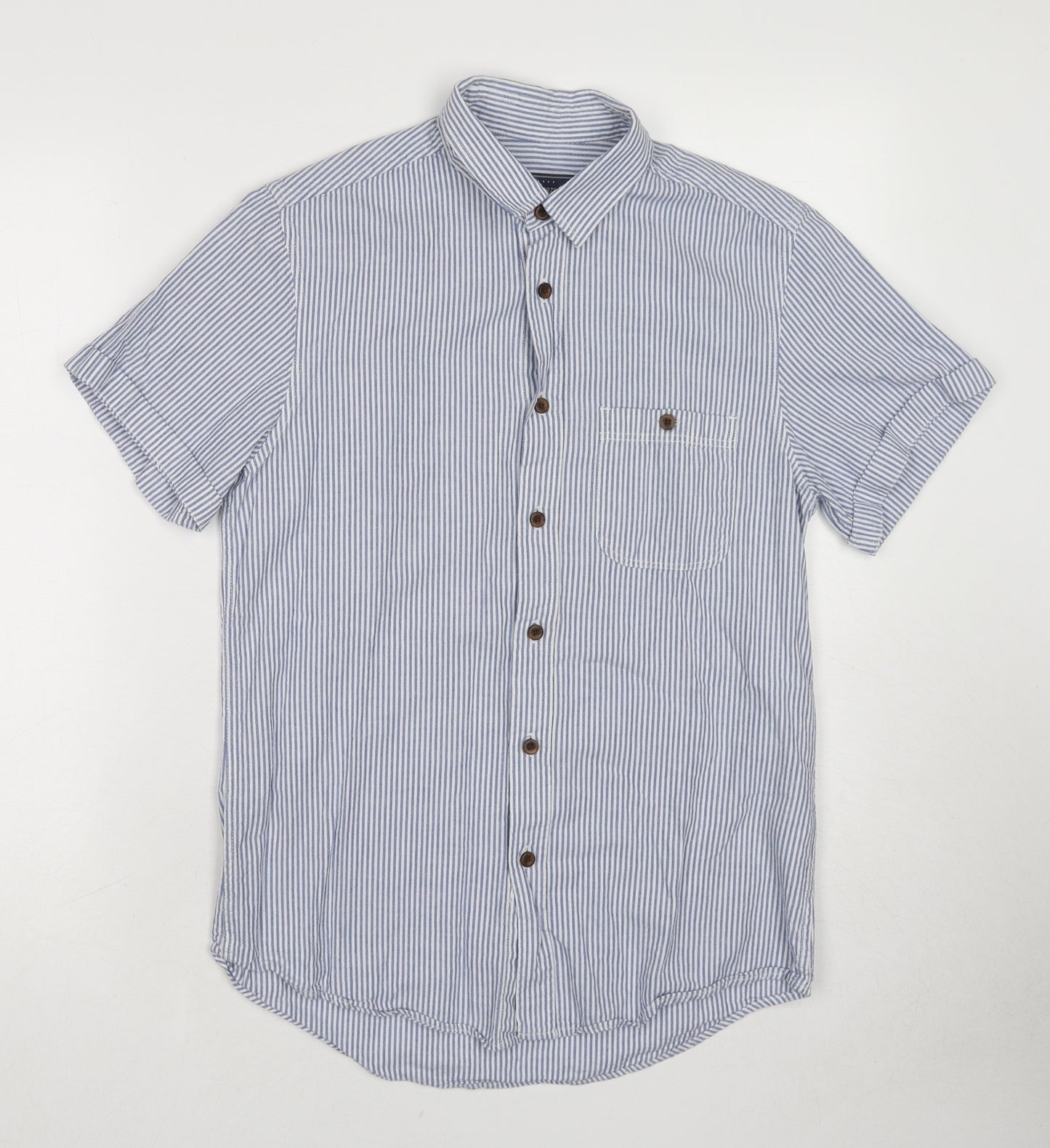Topman Mens Blue Striped Cotton Button-Up Size S Collared Button