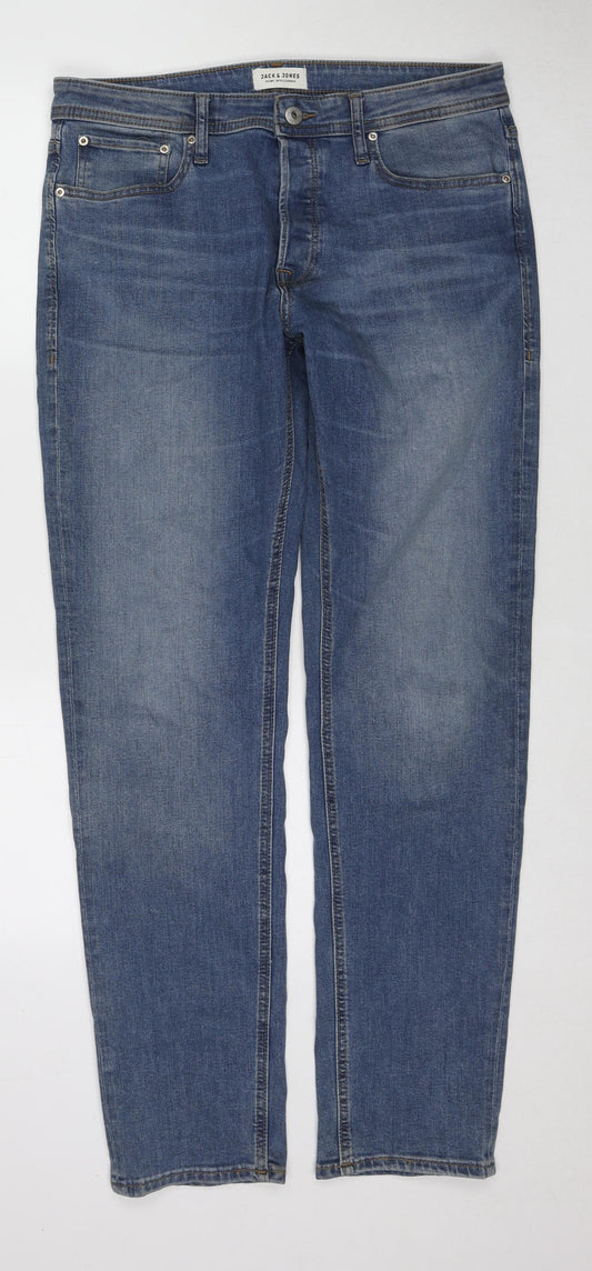 JACK & JONES Womens Blue Cotton Straight Jeans Size 32 in L34 in Regular Zip