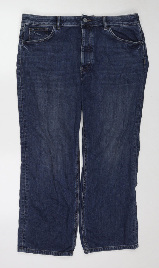 Marks and Spencer Womens Blue Herringbone Cotton Straight Jeans Size 16 L26 in Regular Zip