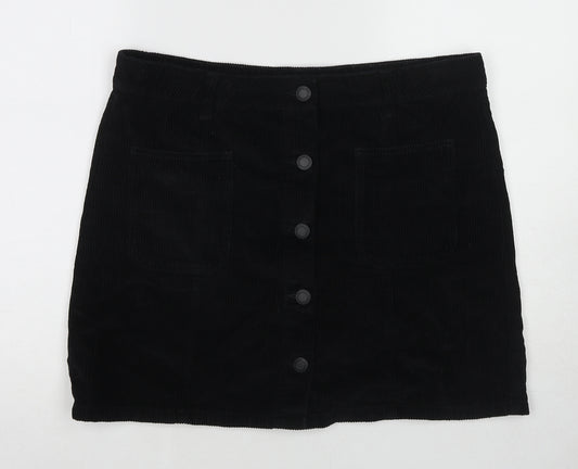 NEXT Womens Black Cotton A-Line Skirt Size 14 Button