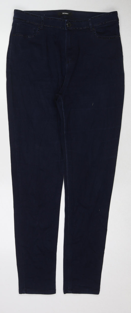 Marks and Spencer Womens Blue Cotton Skinny Jeans Size 14 L29 in Regular Zip - Embellished