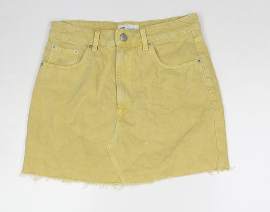 Zara Womens Yellow Cotton A-Line Skirt Size M Zip
