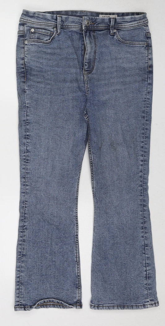 Marks and Spencer Womens Blue Cotton Bootcut Jeans Size 14 L24 in Regular Zip