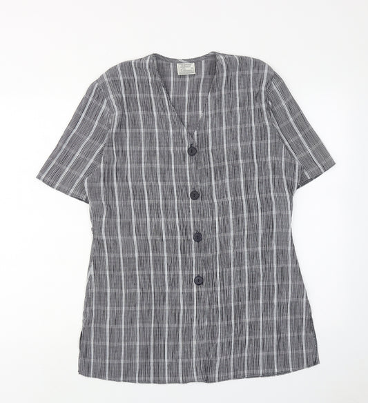 Classic Womens Grey Check Polyester Basic Button-Up Size 14 V-Neck