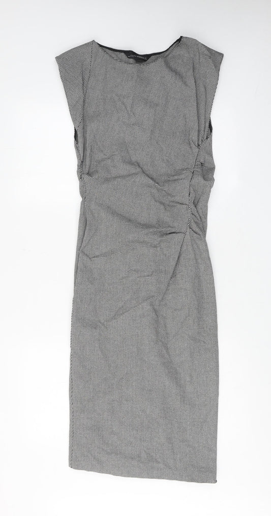 Zara Womens Grey Geometric Polyester Sheath Size L Boat Neck Zip - Ruched Detail