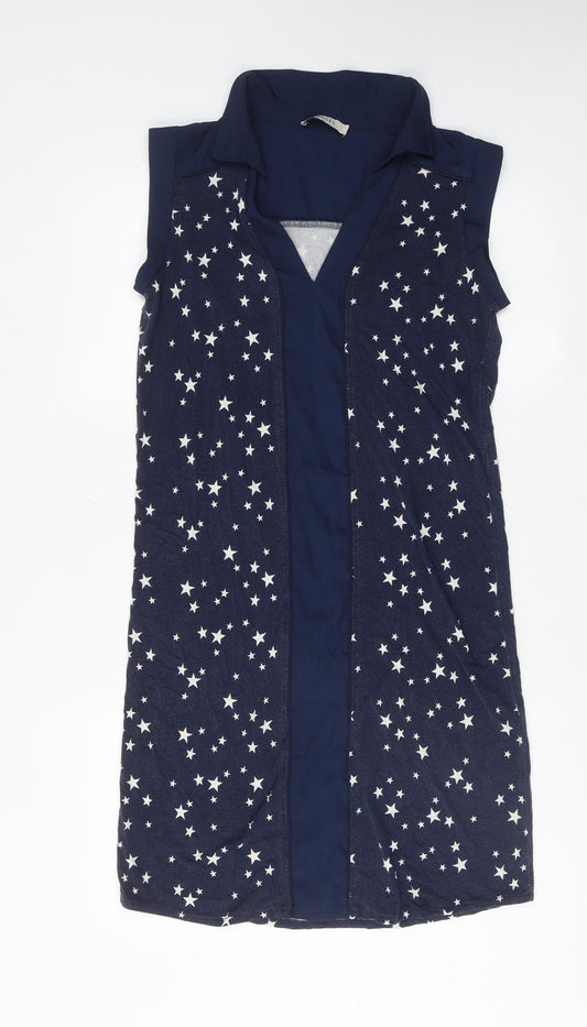 Oasis Womens Blue Geometric Viscose Shift Size S Collared Pullover - Star Print