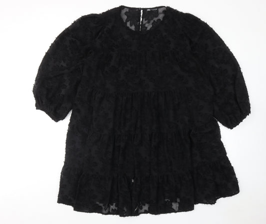 Zara Womens Black Geometric Polyester A-Line Size XL Round Neck Button