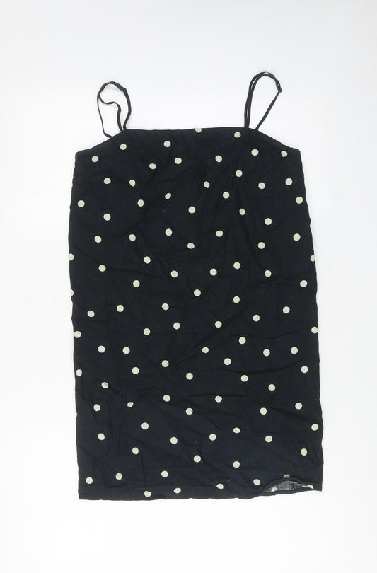 H&M Womens Black Polka Dot Linen Tank Dress Size 10 Square Neck Zip