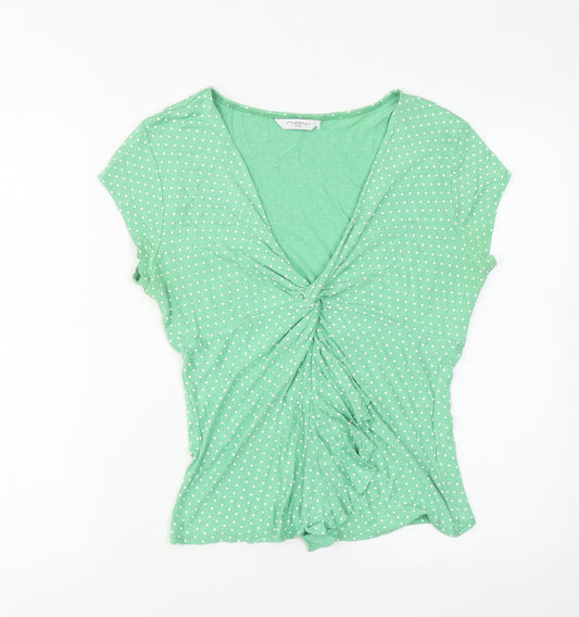 New Look Womens Green Polka Dot Viscose Basic Blouse Size 14 V-Neck - Ruched