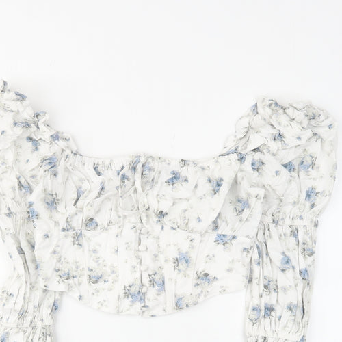 ASOS Womens White Floral Cotton Cropped Blouse Size 8 Square Neck