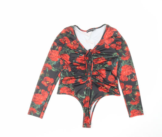 PRETTYLITTLETHING Womens Red Floral Polyester Bodysuit One-Piece Size 12 Snap