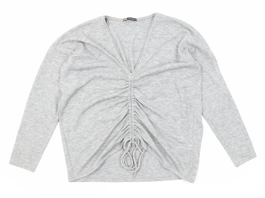 Zara Womens Grey V-Neck Polyester Pullover Jumper Size S - Drawstring Detail