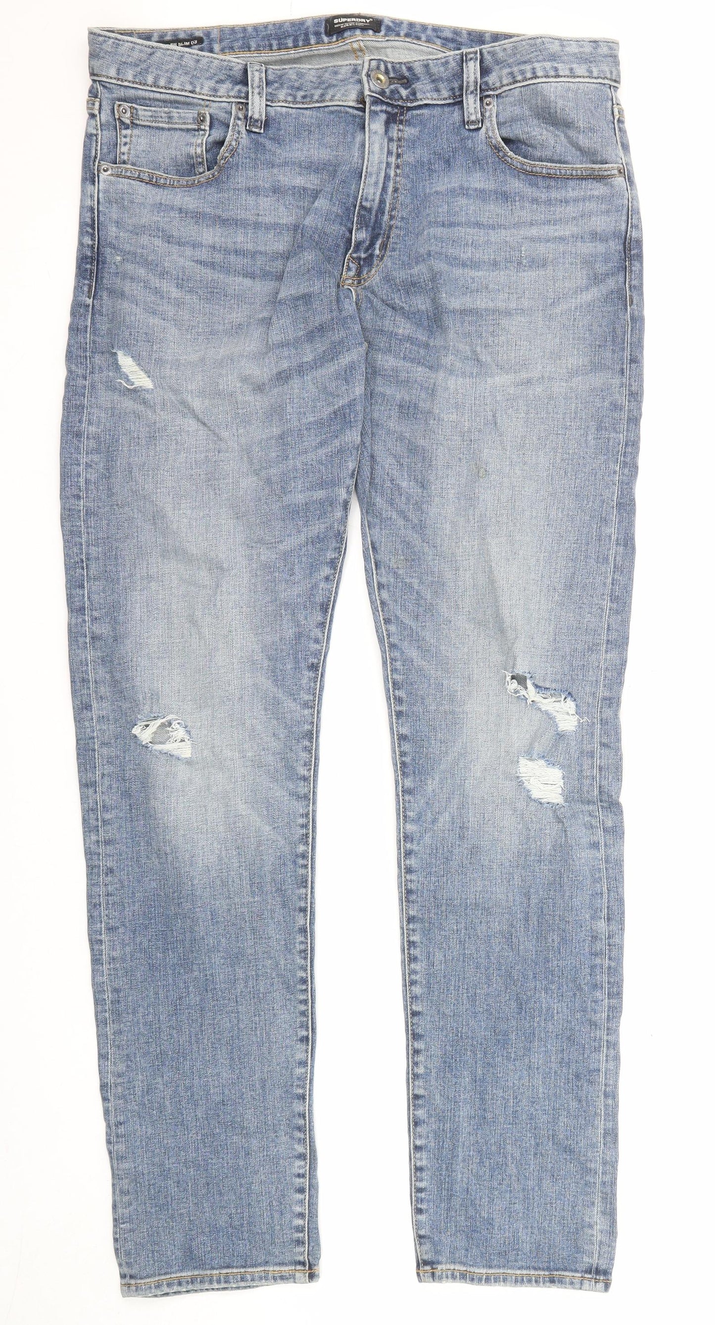 Superdry Mens Blue Cotton Straight Jeans Size 36 in L34 in Slim Zip