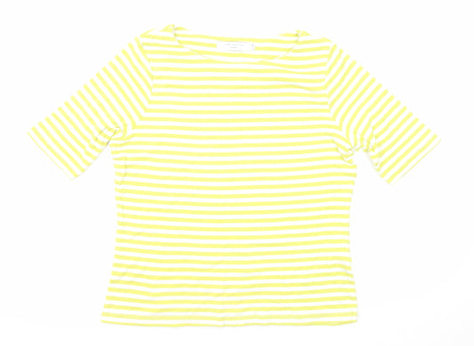 John Lewis Womens Yellow Striped Cotton Basic T-Shirt Size 10 Round Neck