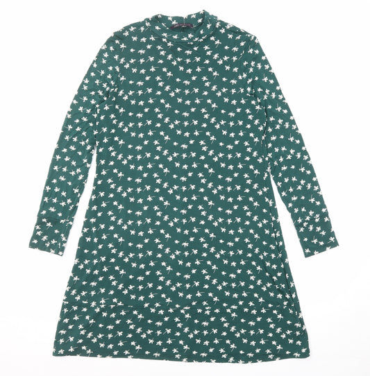Marks and Spencer Womens Green Floral Viscose A-Line Size 10 Mock Neck Pullover