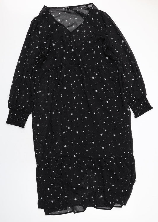 New Look Womens Black Geometric Polyester Shirt Dress Size 16 V-Neck Pullover - Star Print