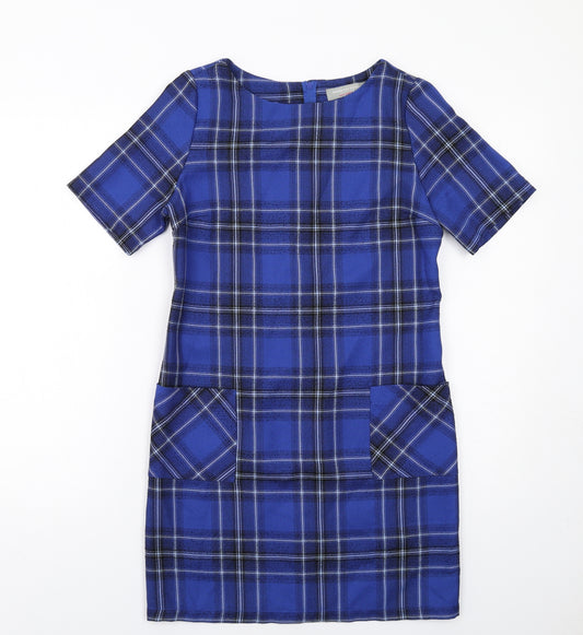 Dorothy Perkins Womens Blue Plaid Polyester Shift Size 8 Boat Neck Zip