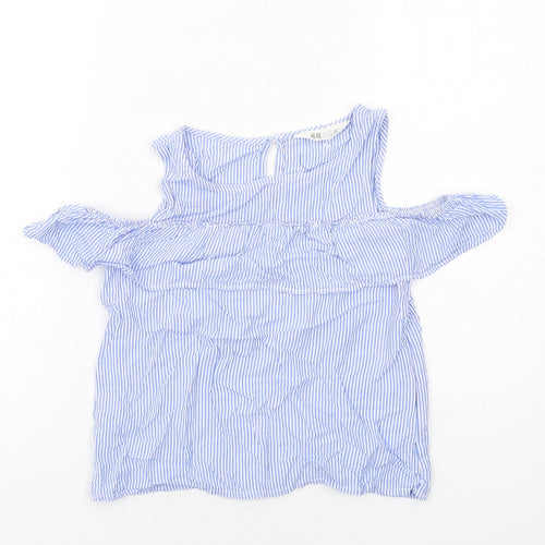H&M Girls Blue Striped Viscose Basic Tank Size 11-12 Years Round Neck Button - Cold Shoulder