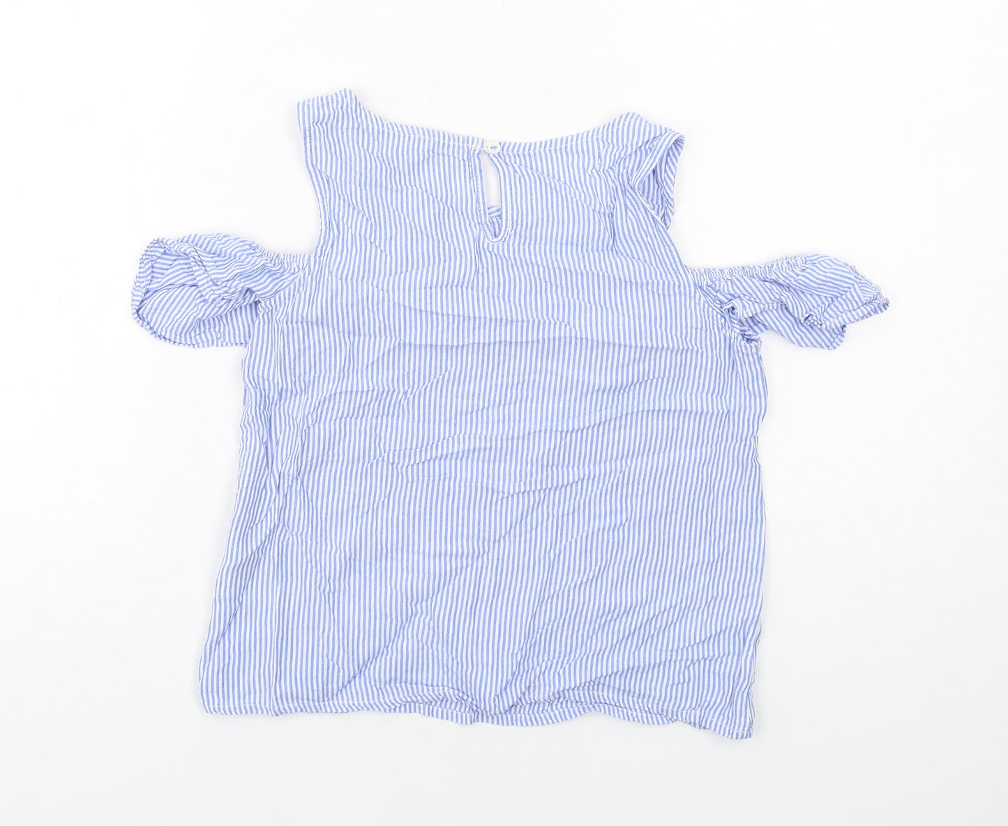 H&M Girls Blue Striped Viscose Basic Tank Size 11-12 Years Round Neck Button - Cold Shoulder