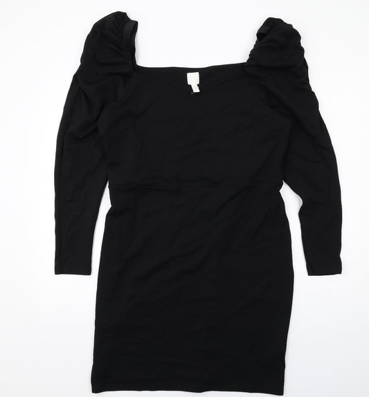 H&M Womens Black Viscose Pencil Dress Size XL Square Neck Pullover - Ruched Sleeves