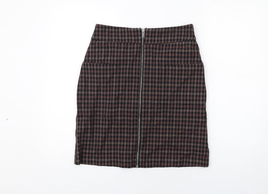 Marks and Spencer Womens Brown Check Cotton A-Line Skirt Size 10 Zip
