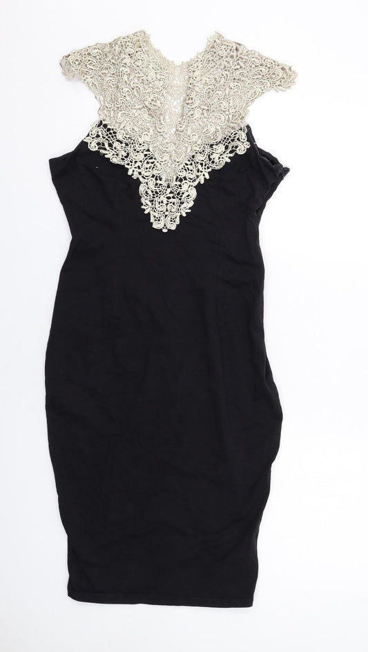 AX Paris Womens Black Viscose Shift Size 14 Mock Neck Zip - Crochet Detail