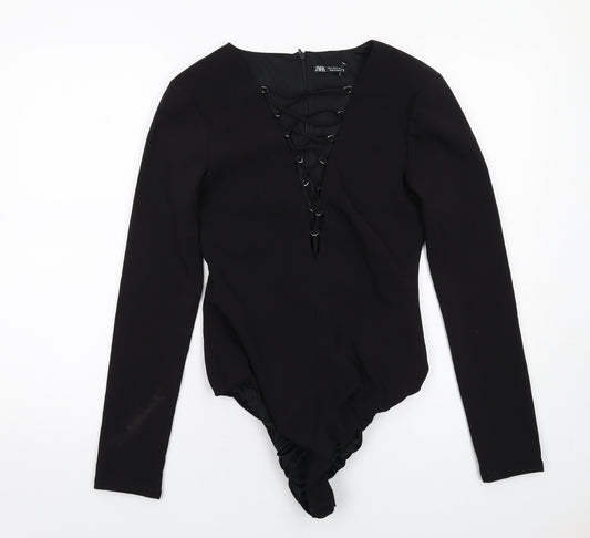 Zara Womens Black Polyester Bodysuit One-Piece Size S Zip