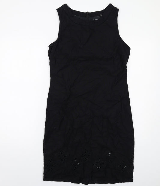 NEXT Womens Black Linen Pencil Dress Size 12 Boat Neck Zip - Broderie Anglaise Details
