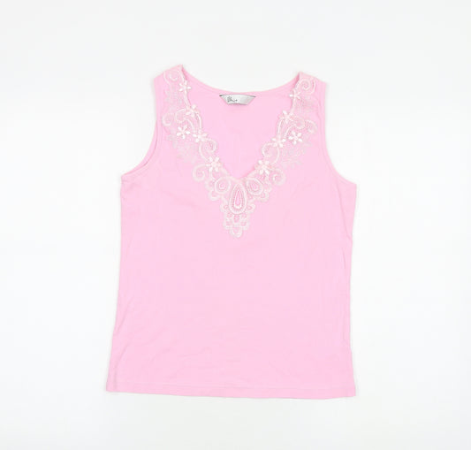 BHS Womens Pink 100% Cotton Basic Tank Size 14 V-Neck - Lace Details