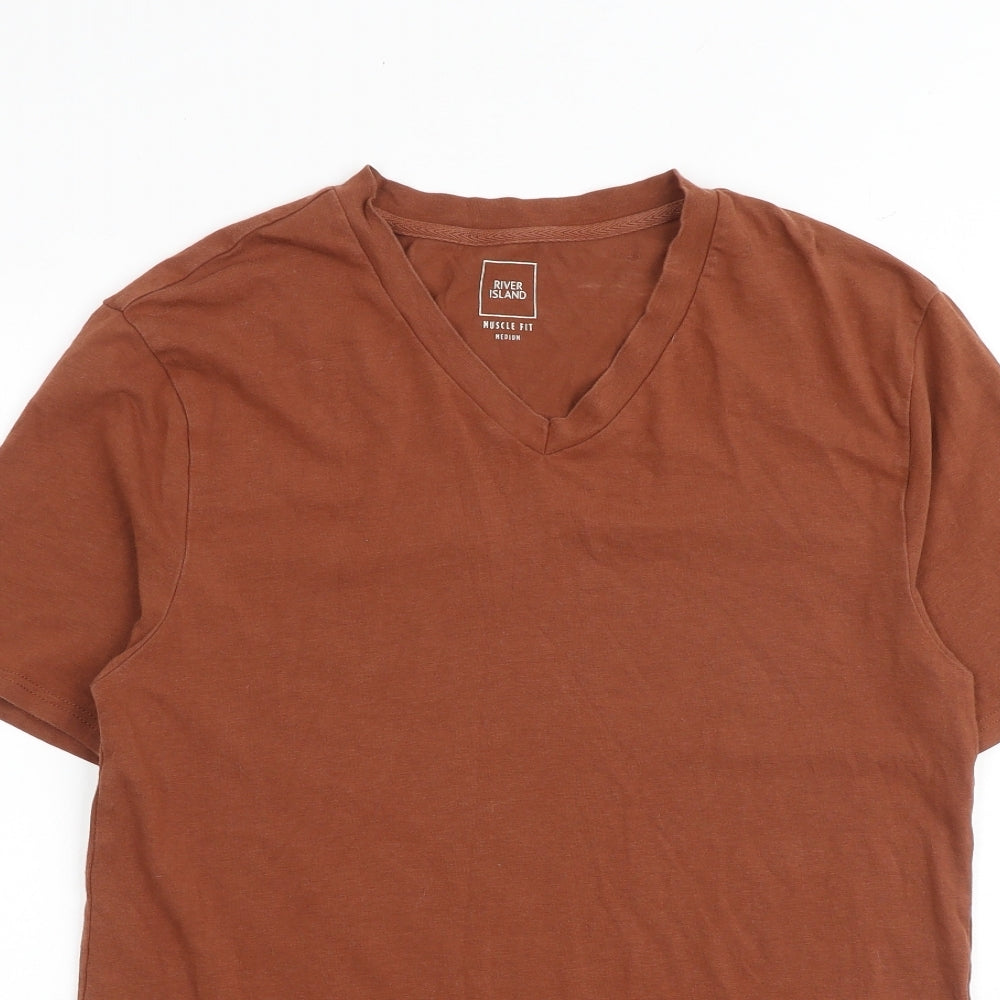 River Island Mens Brown Cotton T-Shirt Size M V-Neck
