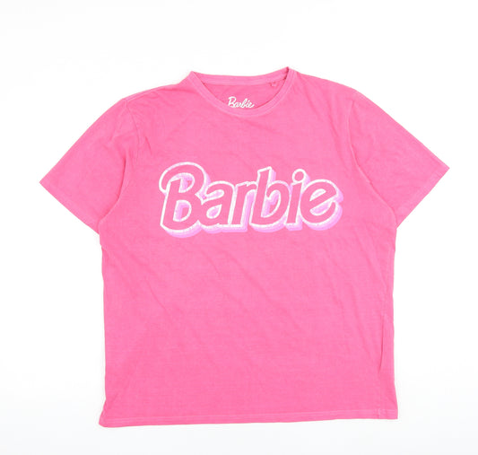 Barbie Womens Pink Cotton Basic T-Shirt Size L Crew Neck