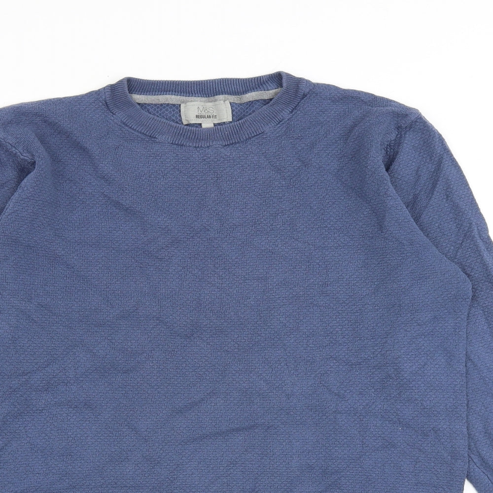 Marks and Spencer Mens Blue Round Neck Cotton Pullover Jumper Size M Long Sleeve