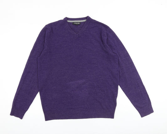 Debenhams Mens Purple V-Neck Acrylic Pullover Jumper Size M Long Sleeve