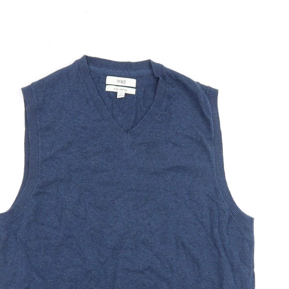 Marks and Spencer Mens Blue V-Neck Cotton Vest Jumper Size M Sleeveless