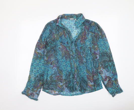 Per Una Womens Blue Paisley Polyester Basic Button-Up Size 14 Collared