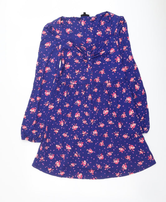 Topshop Womens Blue Floral Viscose A-Line Size 14 V-Neck Pullover
